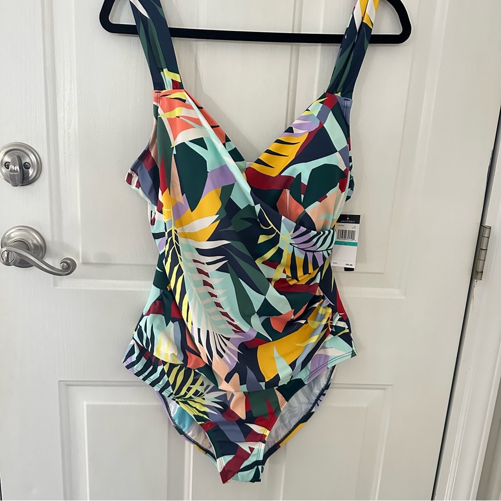 Jantzen Glamour Surplice Mio One Piece Tropical Utopia Azure Swimsuit 16 NWT - Picture 2 of 16